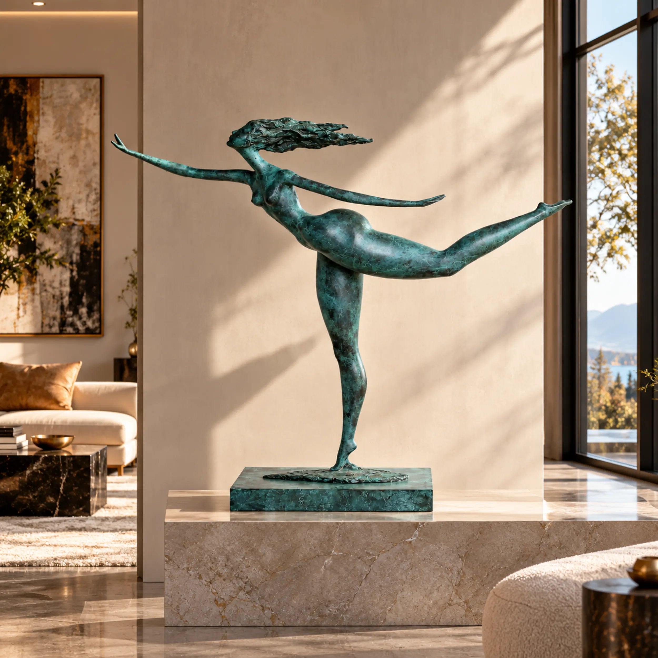 Spring Dancer bronze sculpture displayed on a stone pedestal in a spacious modern interior