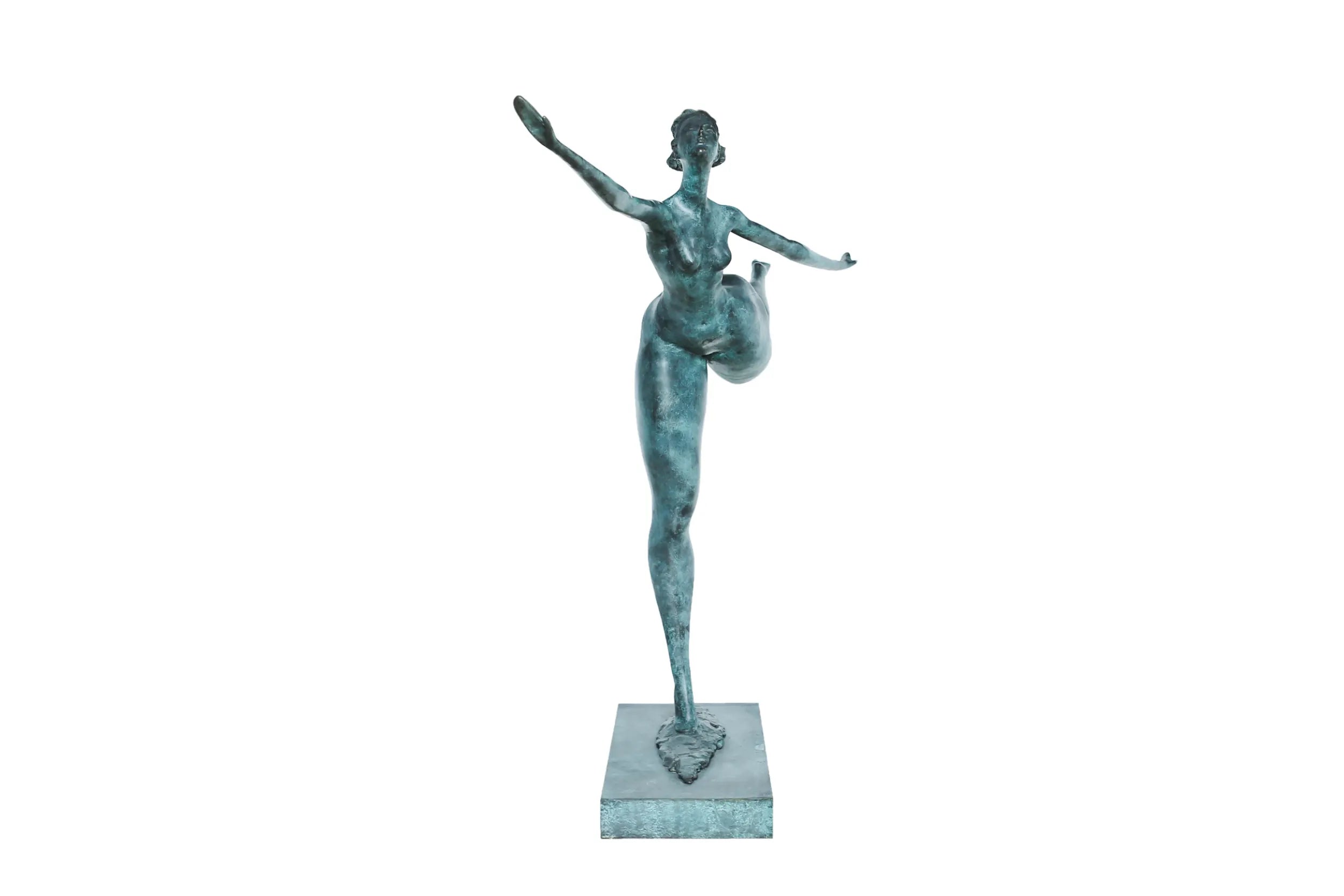 Opposite side view of abstract dancing woman sculpture standing on a rectangular base