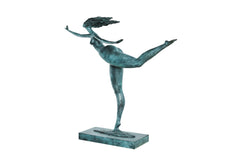 Right angled view of Spring Dancer sculpture showing the raised leg and rectangular bronze base
