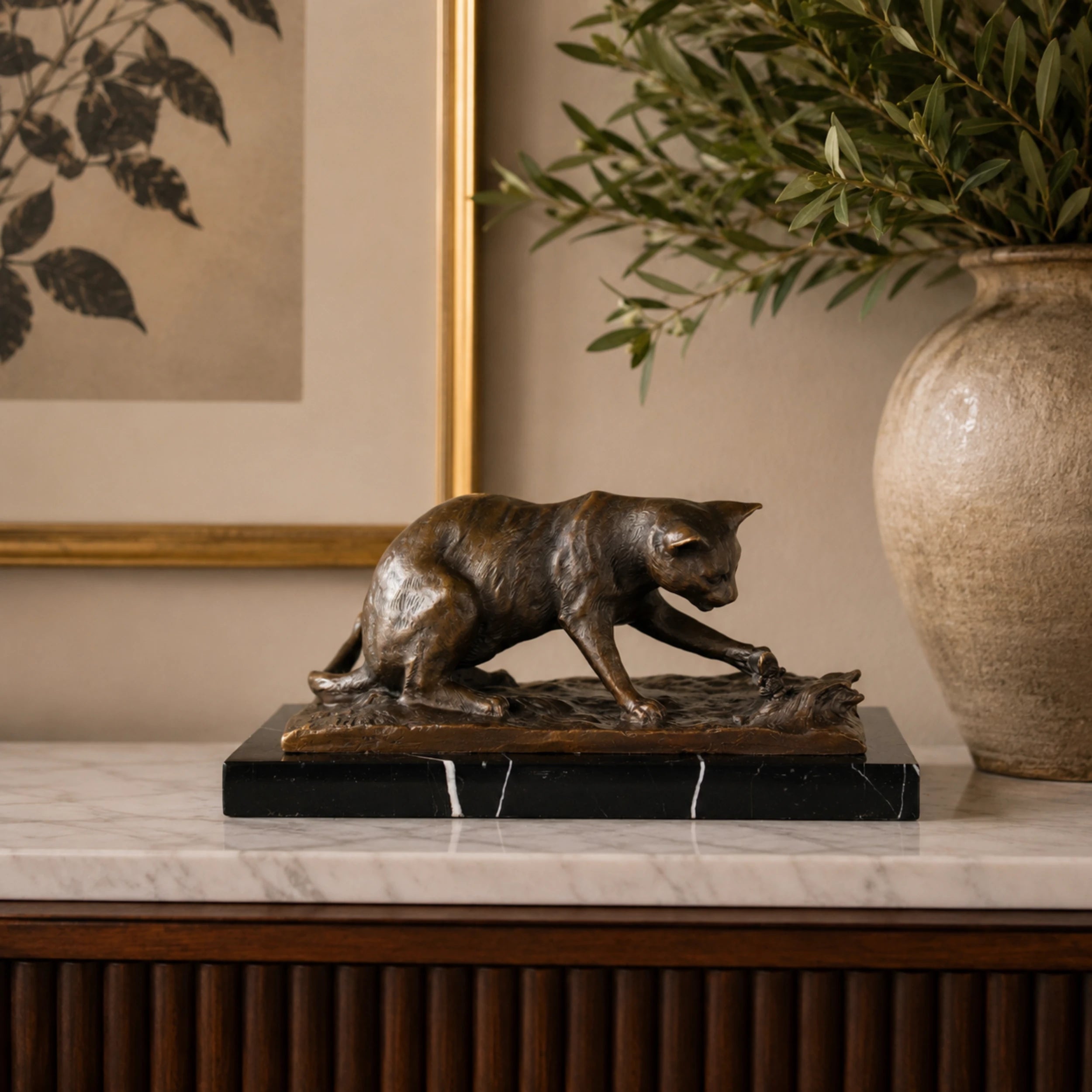 Stalking Panther Bronze Sculpture displayed in a styled interior