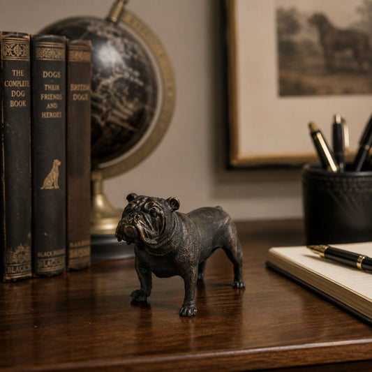 Standing French Bulldog Bronze Sculpture displayed in a styled interior