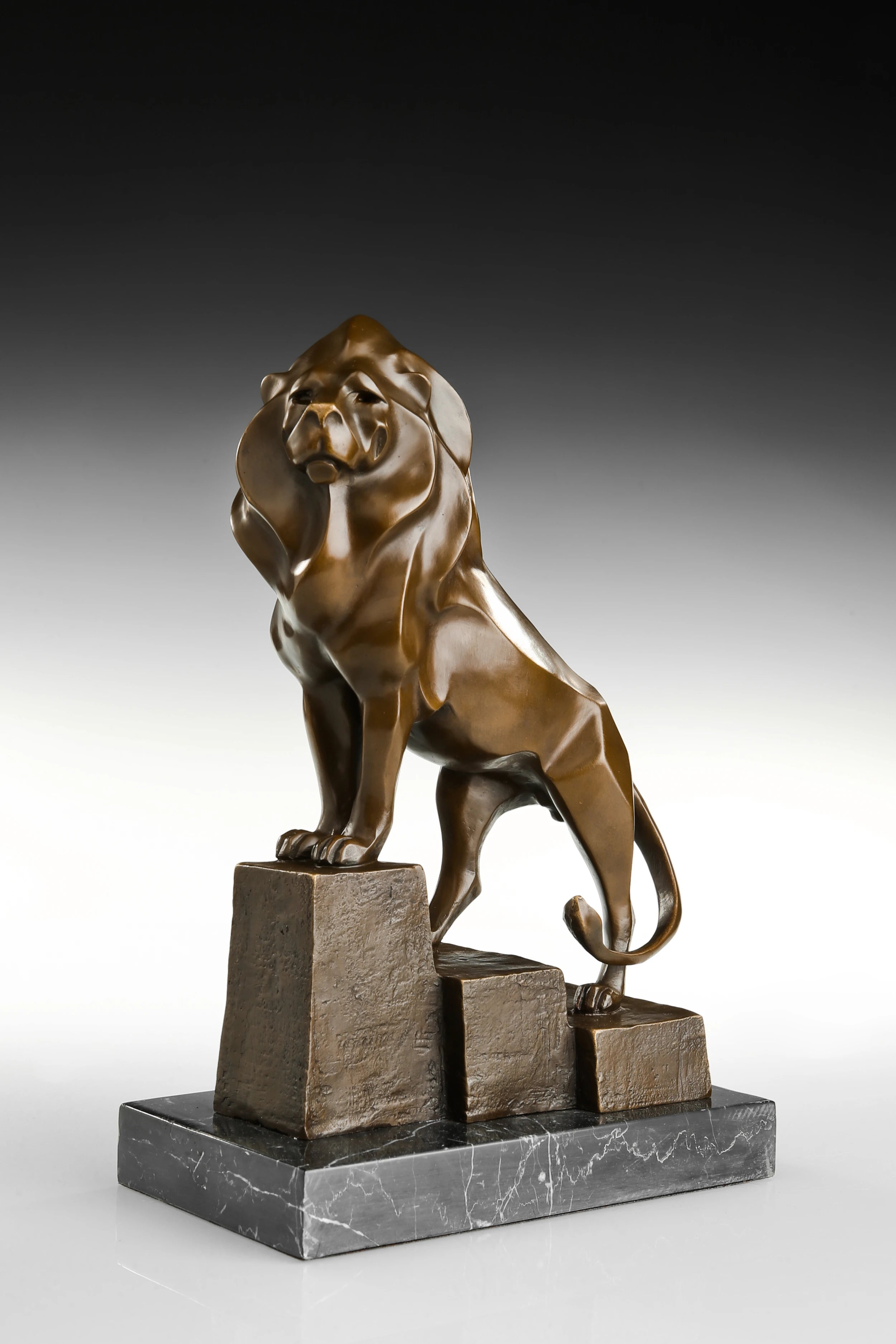 Standing Lion Bronze Sculpture three-quarter view