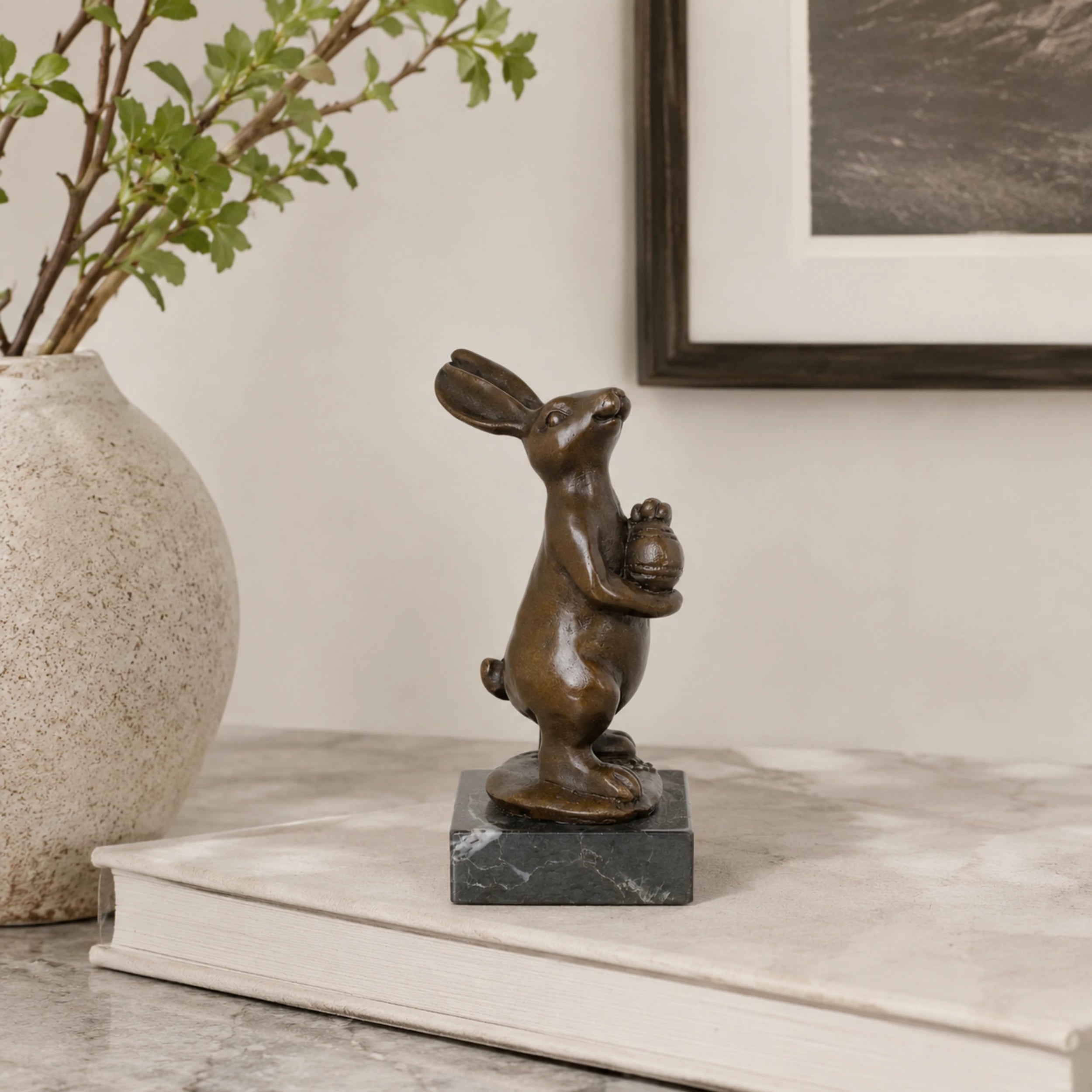 Standing Rabbit Bronze Sculpture displayed in a styled interior
