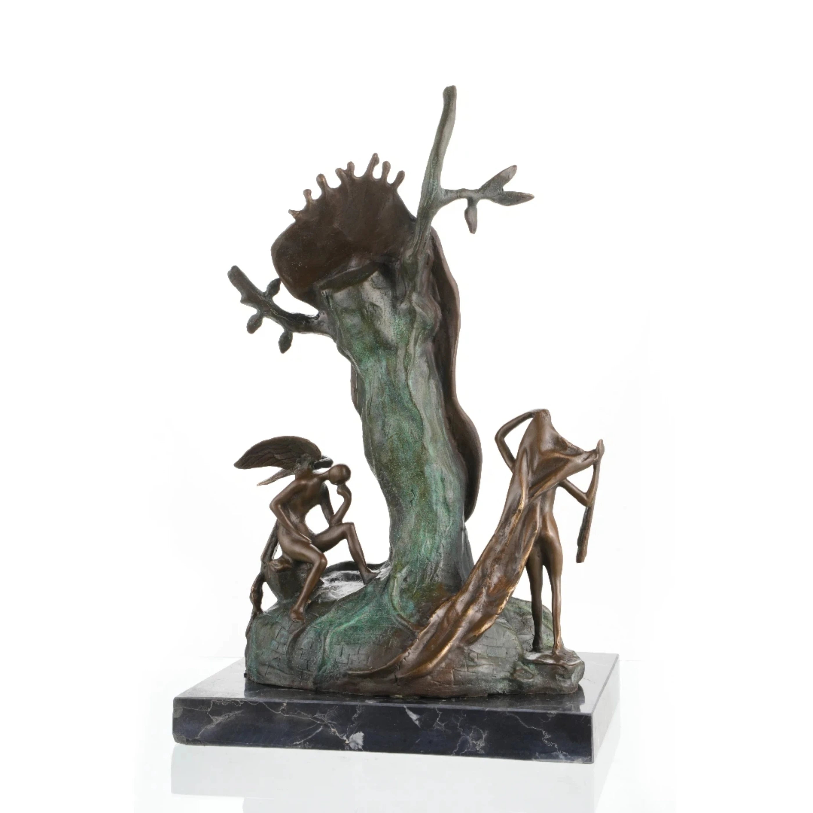 Salvador Dalí bronze melting clock sculpture Persistence of Memory, surrealist statue with winged faun and female figure on black marble base, loss wax casting fine art.