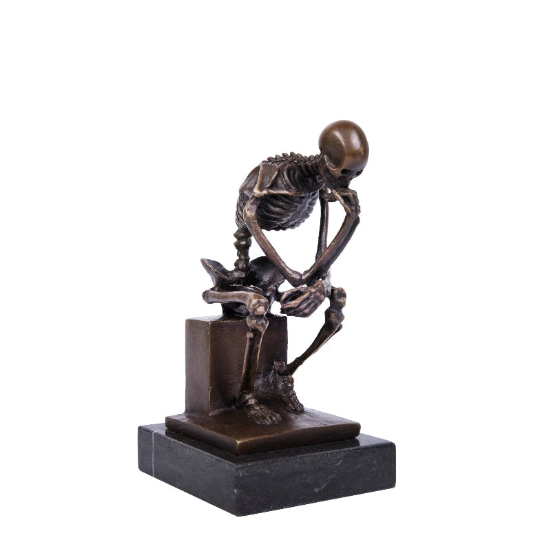 Modern abstract bronze thinker sculpture on black marble base, philosophy inspired office decor for executives.