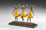 Left side view of Art Deco three ballerinas bronze dance sculpture