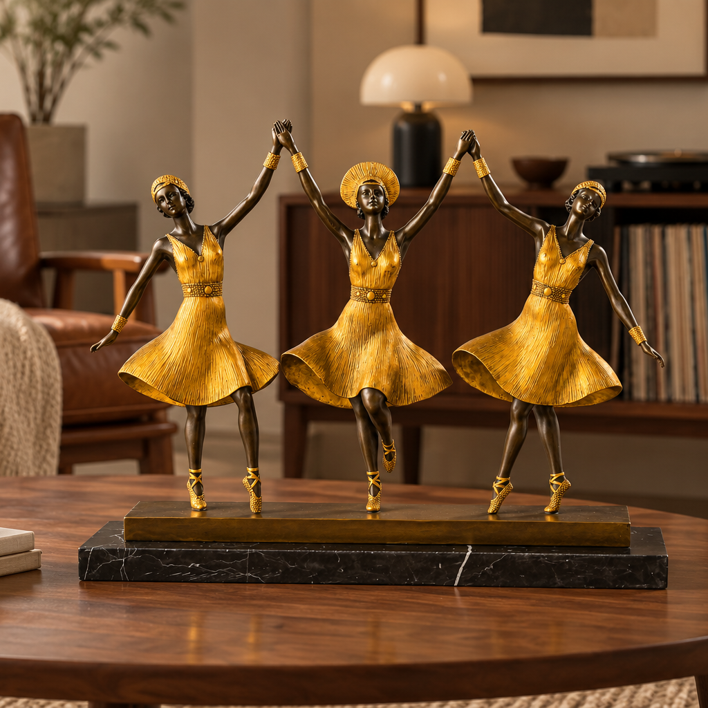 Art Deco three ballerinas bronze sculpture displayed on a console table in an elegant living room