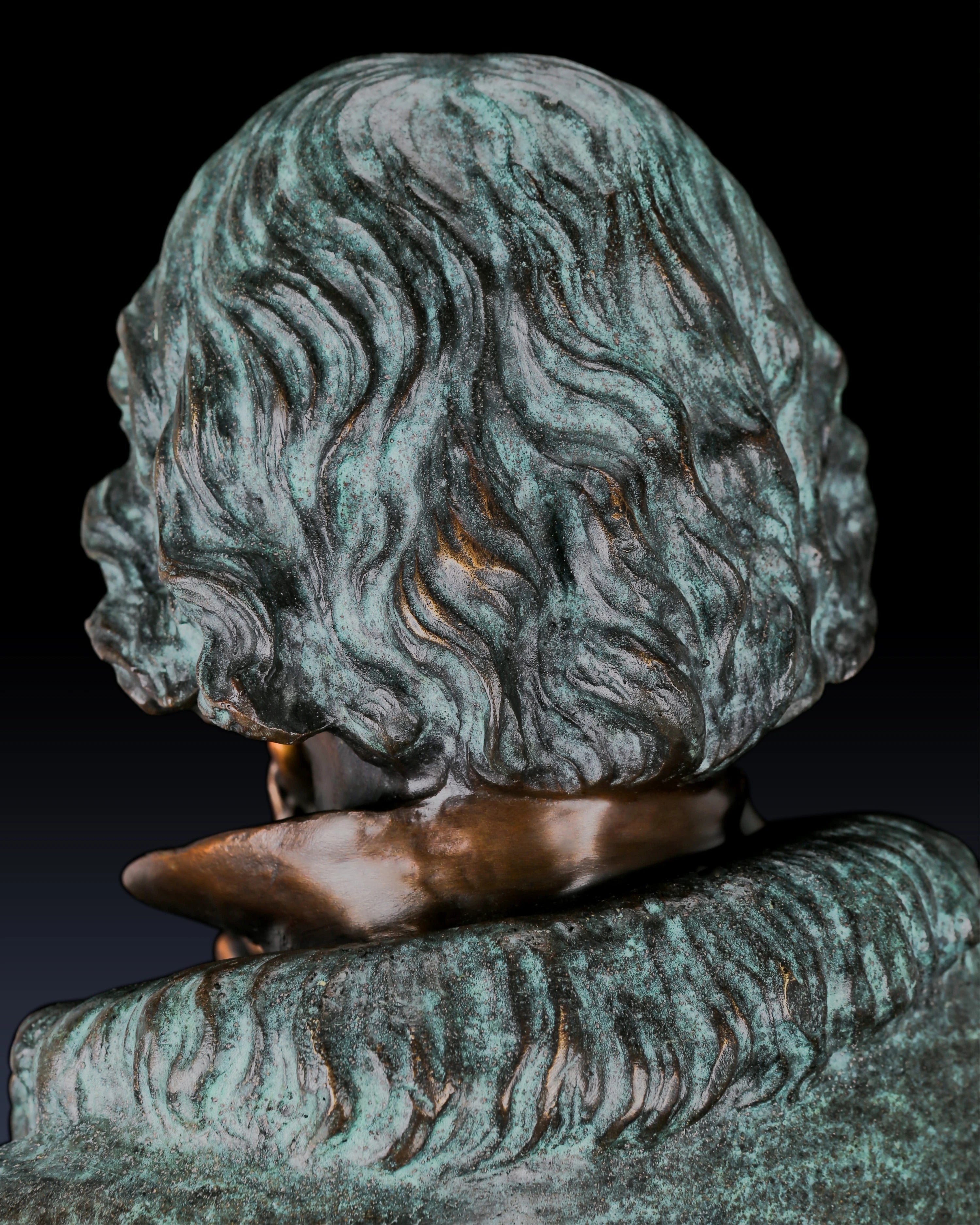 Full-length Beethoven bronze statue with verdigris patina. Handcrafted sculpture with marble base—perfect for collectors, musicians, and luxury statement interiors.
