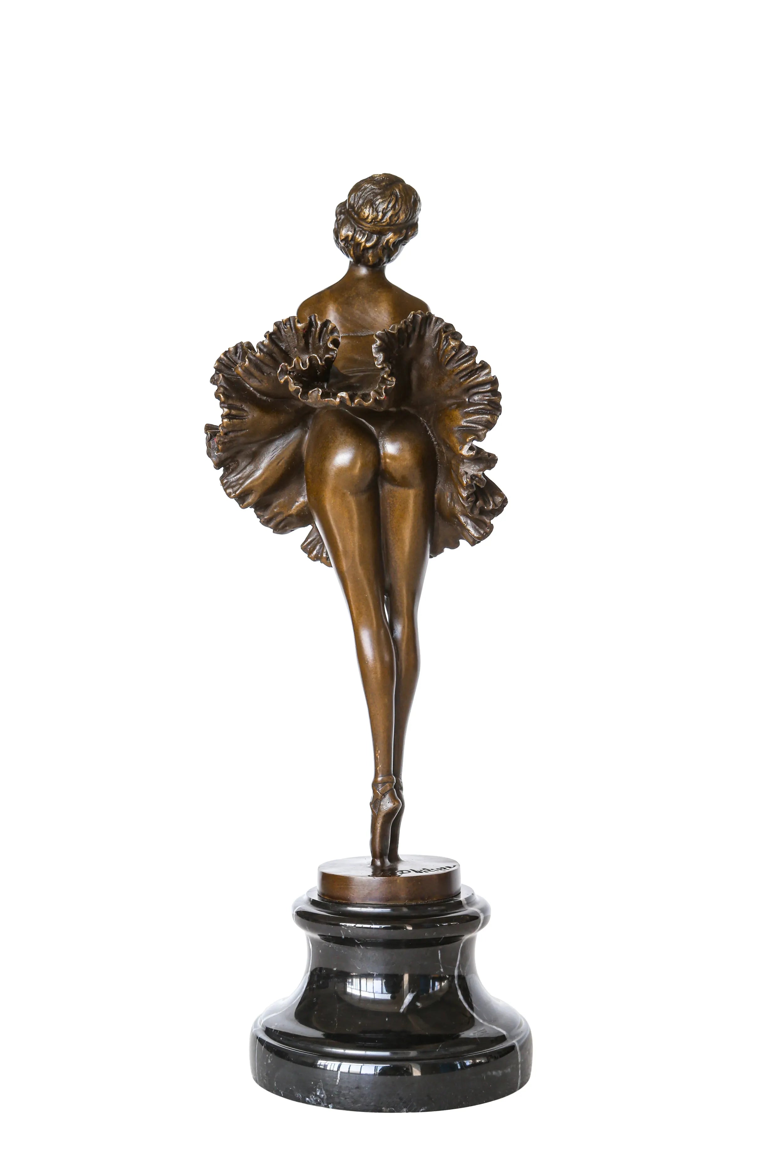 Back view of ballerina bronze sculpture showing the full flared ballet skirt