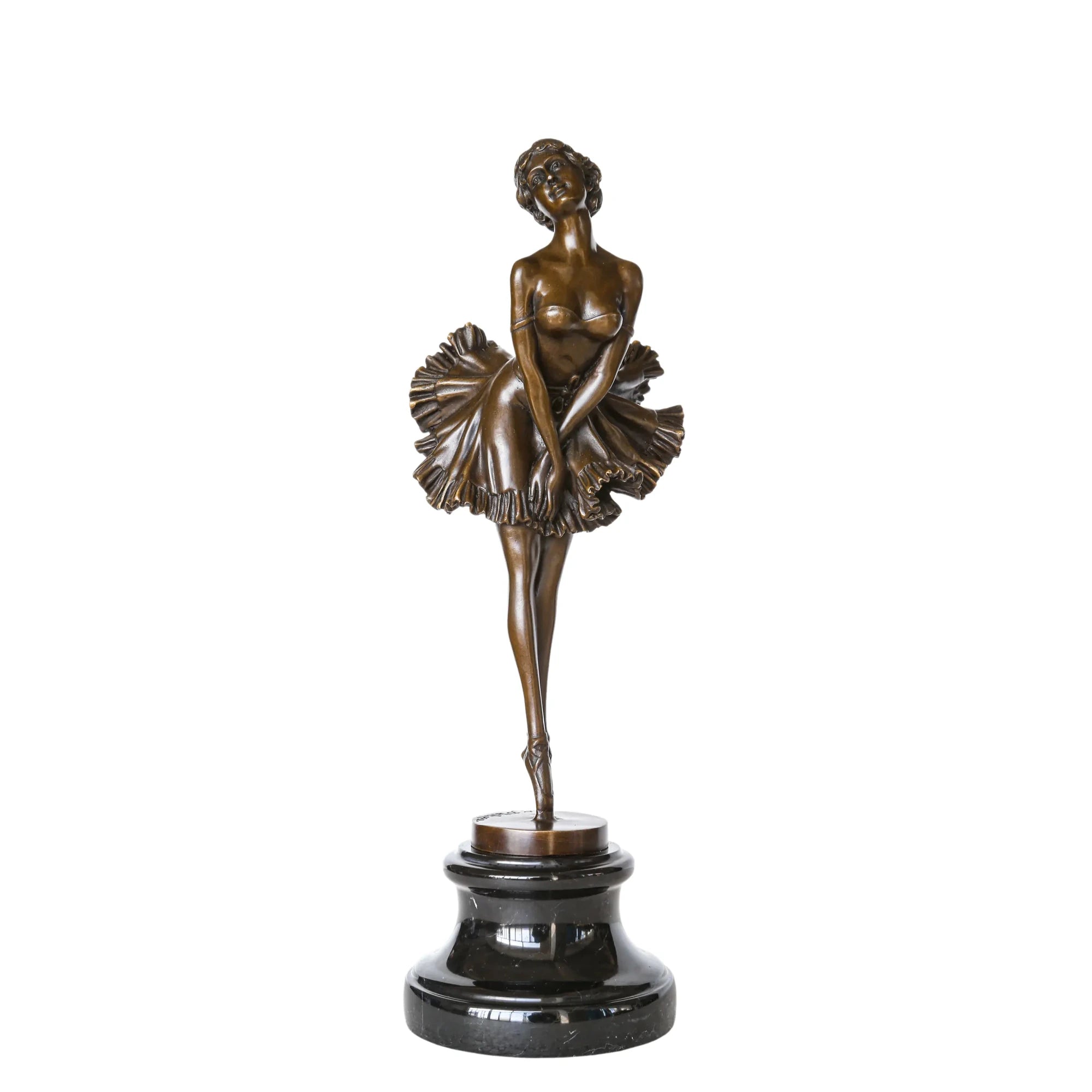 Vintage ballerina bronze sculpture with a flared tutu and graceful pointe pose