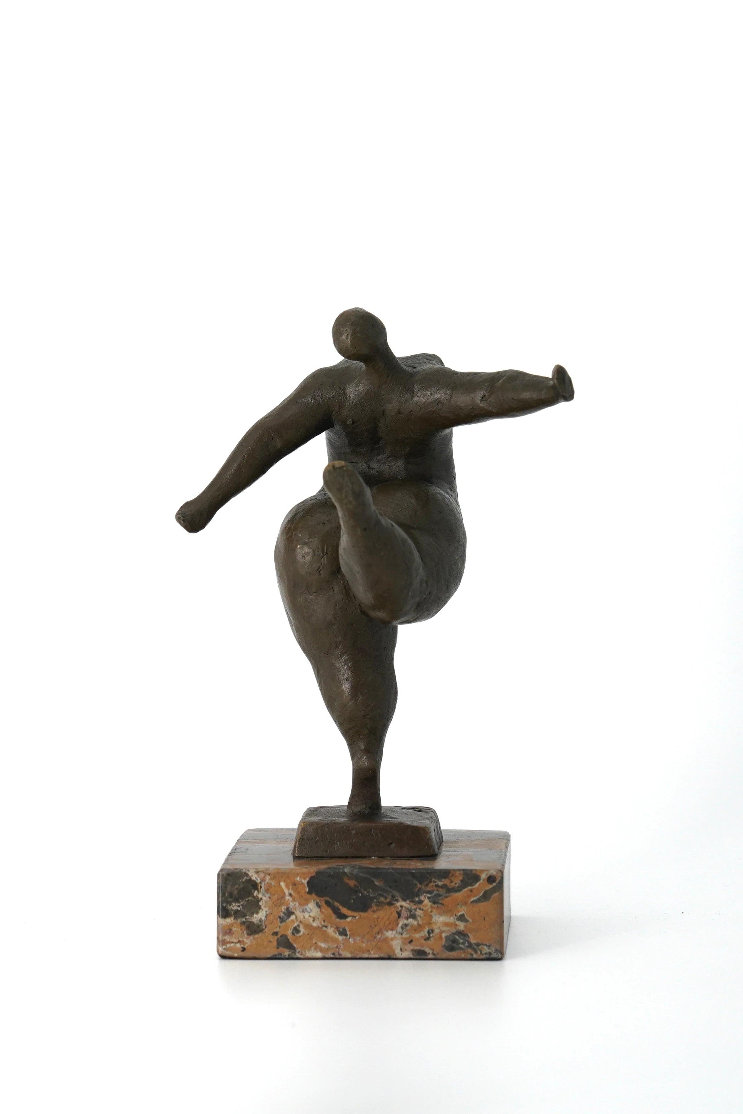 Modern dancing figure bronze sculpture with rounded abstract form on marble base, contemporary home decor