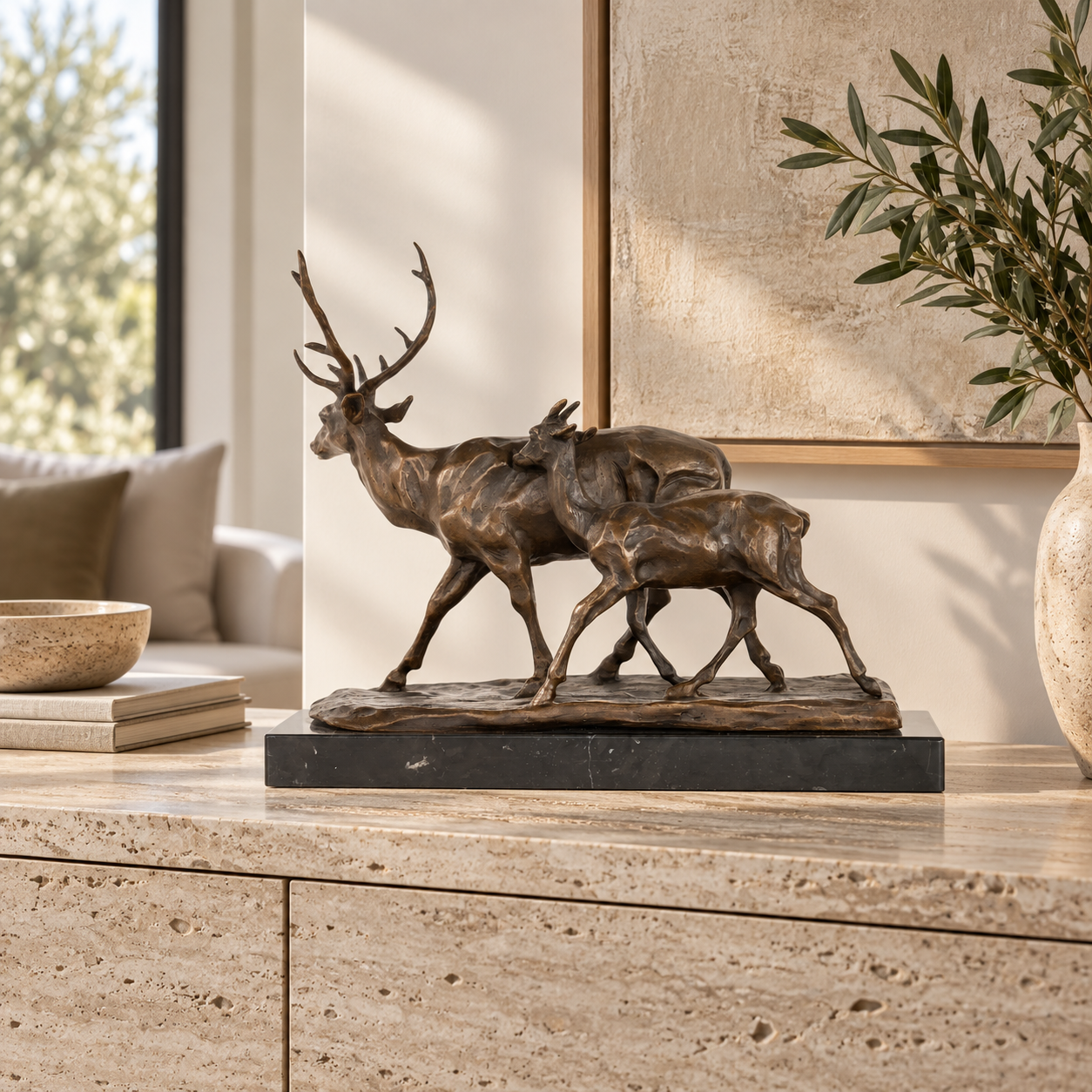 Walking Deer Pair bronze sculpture displayed in a minimalist interior