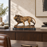Walking Male Lion Bronze Sculpture displayed in a minimalist interior