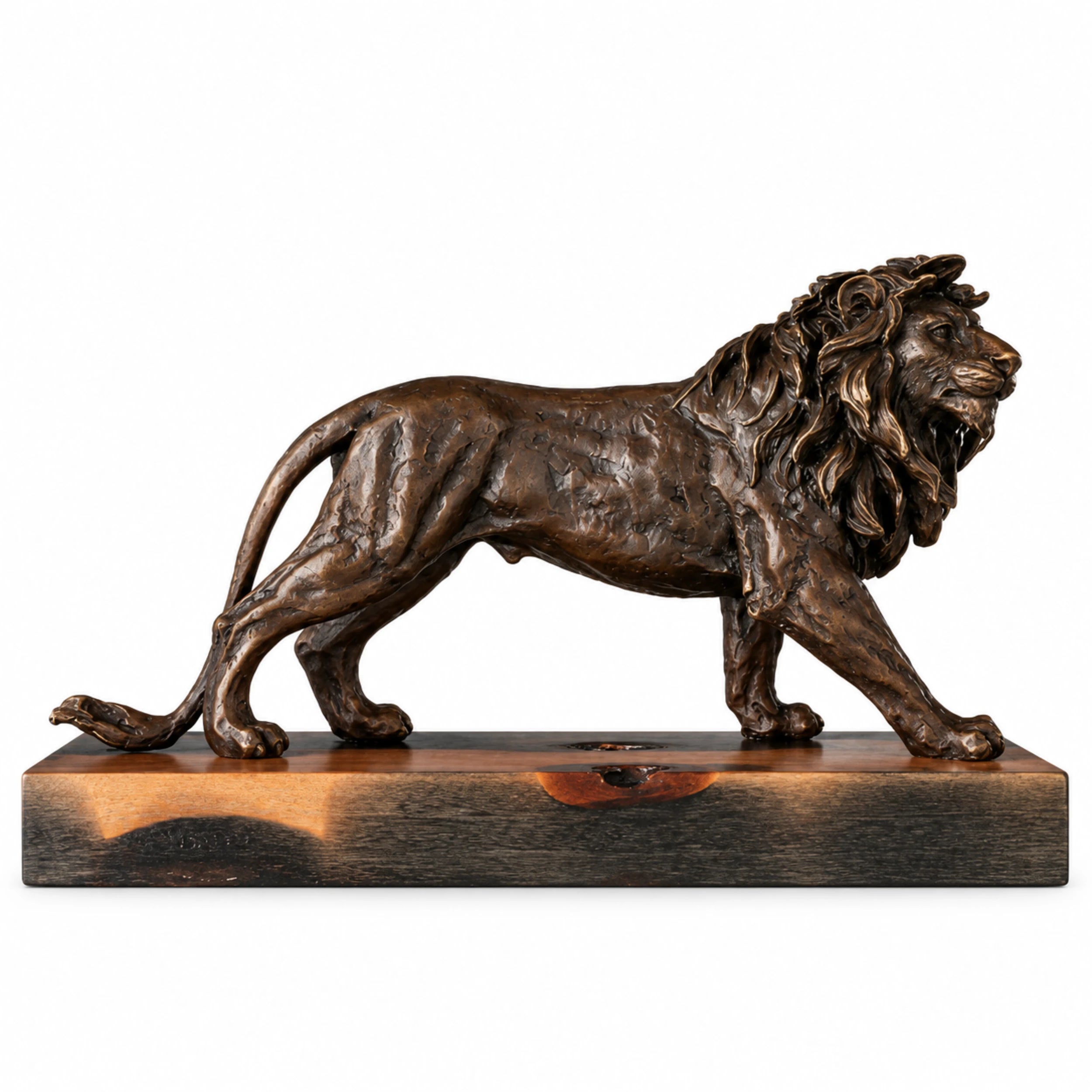 Walking Male Lion Bronze Sculpture on a clean white background