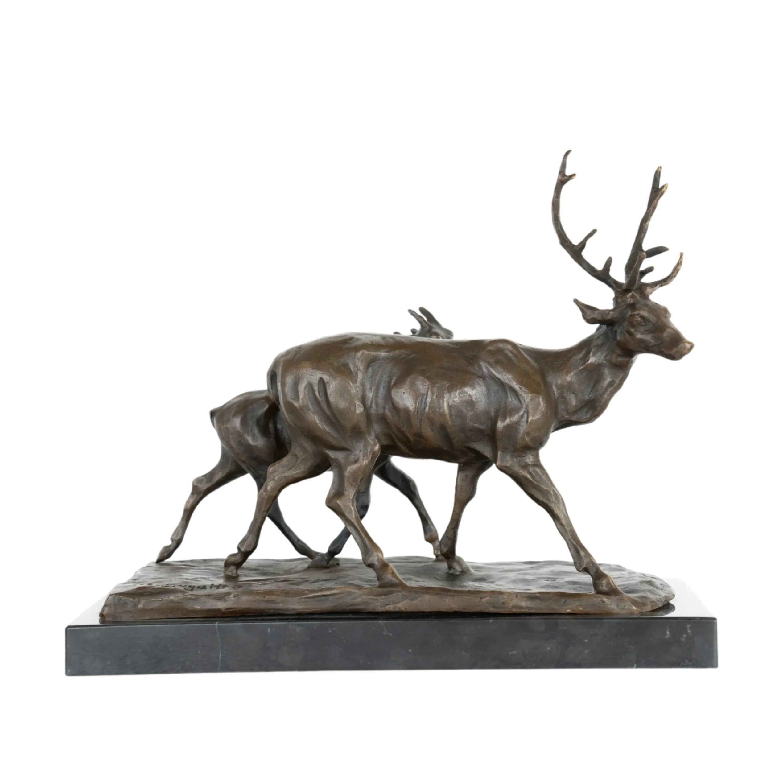 Right side view of bronze stag and doe sculpture on marble base