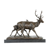 Right side view of bronze stag and doe sculpture on marble base
