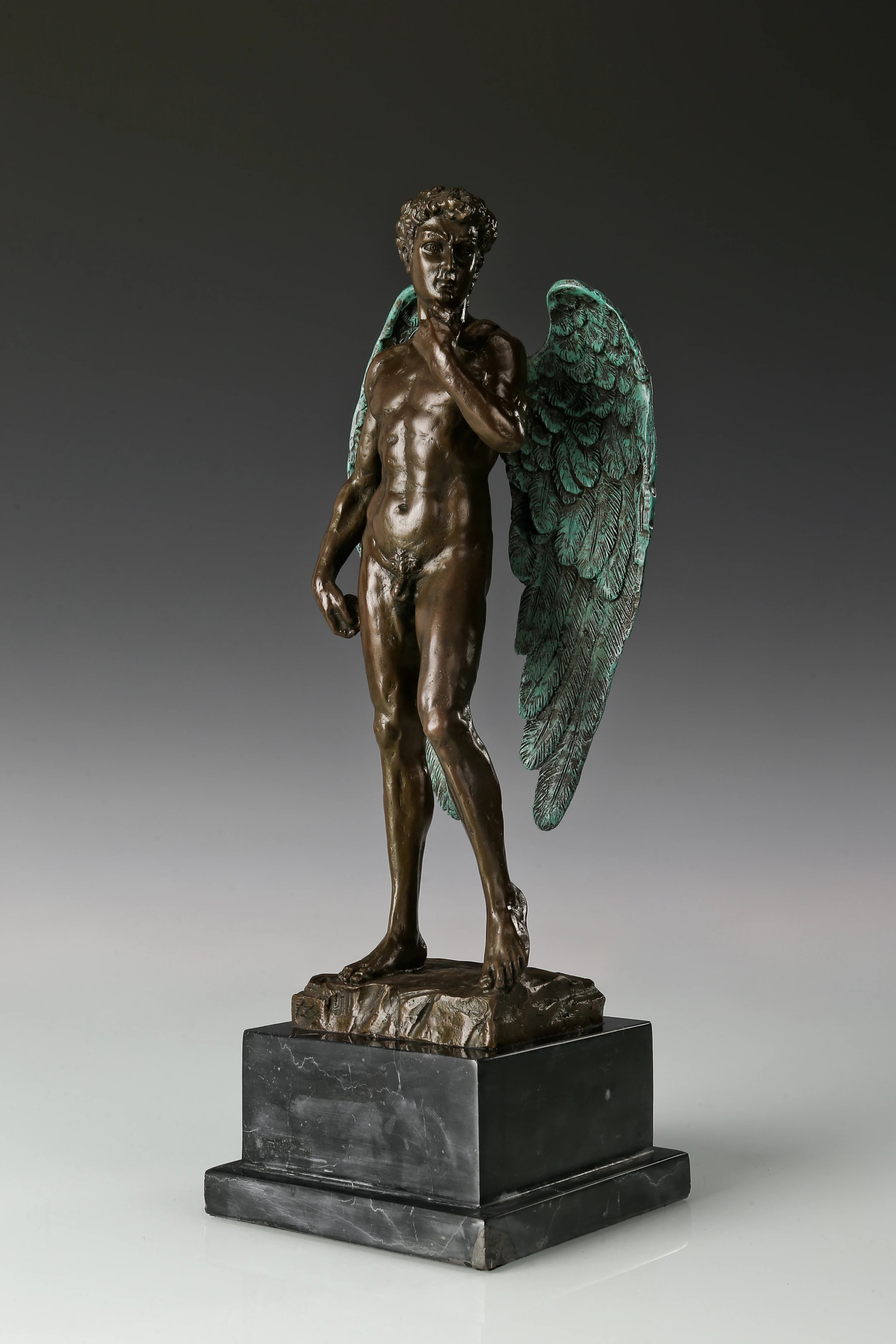 Three quarter view of handcrafted Winged David bronze statue