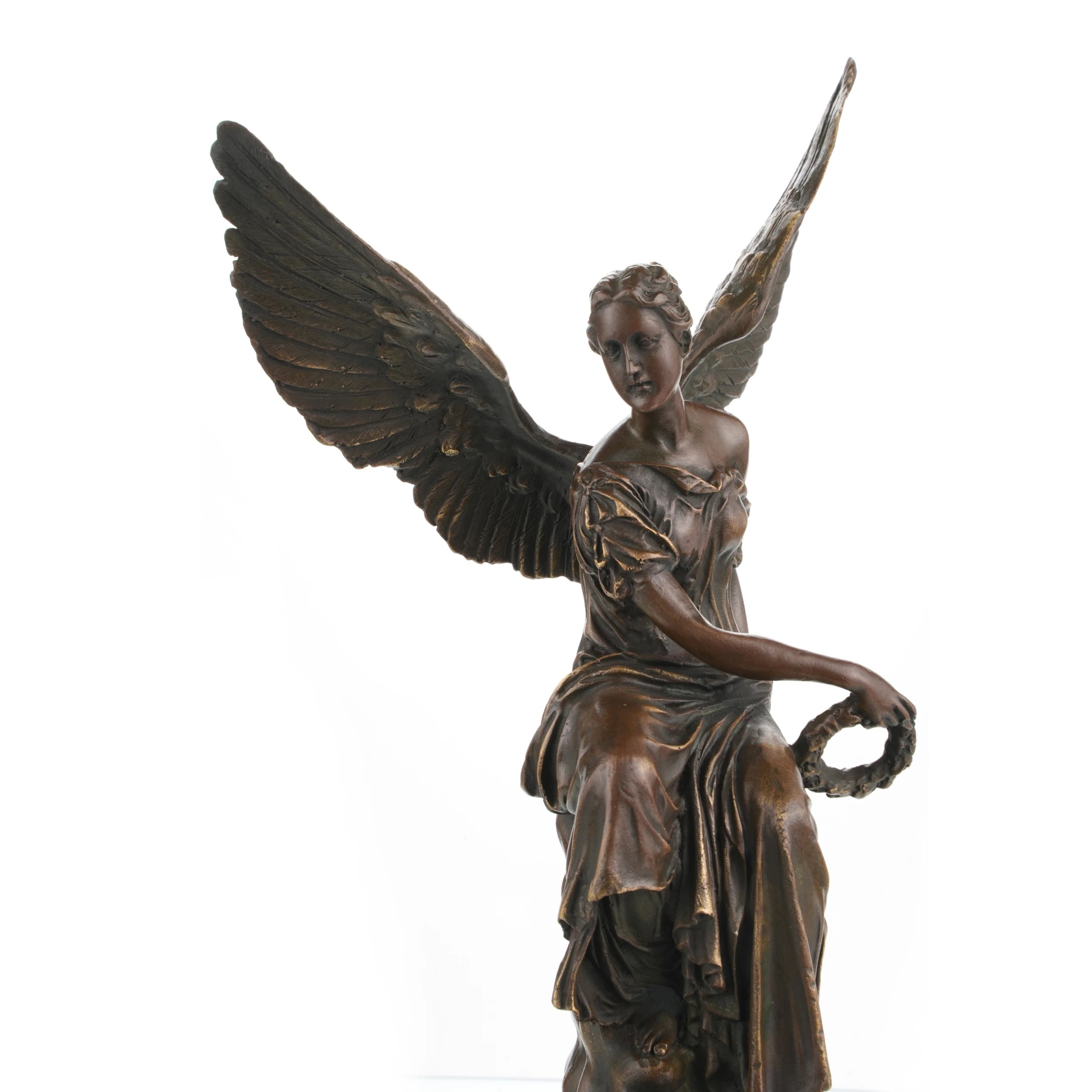 Bronze winged goddess statue holding laurel wreath on marble base