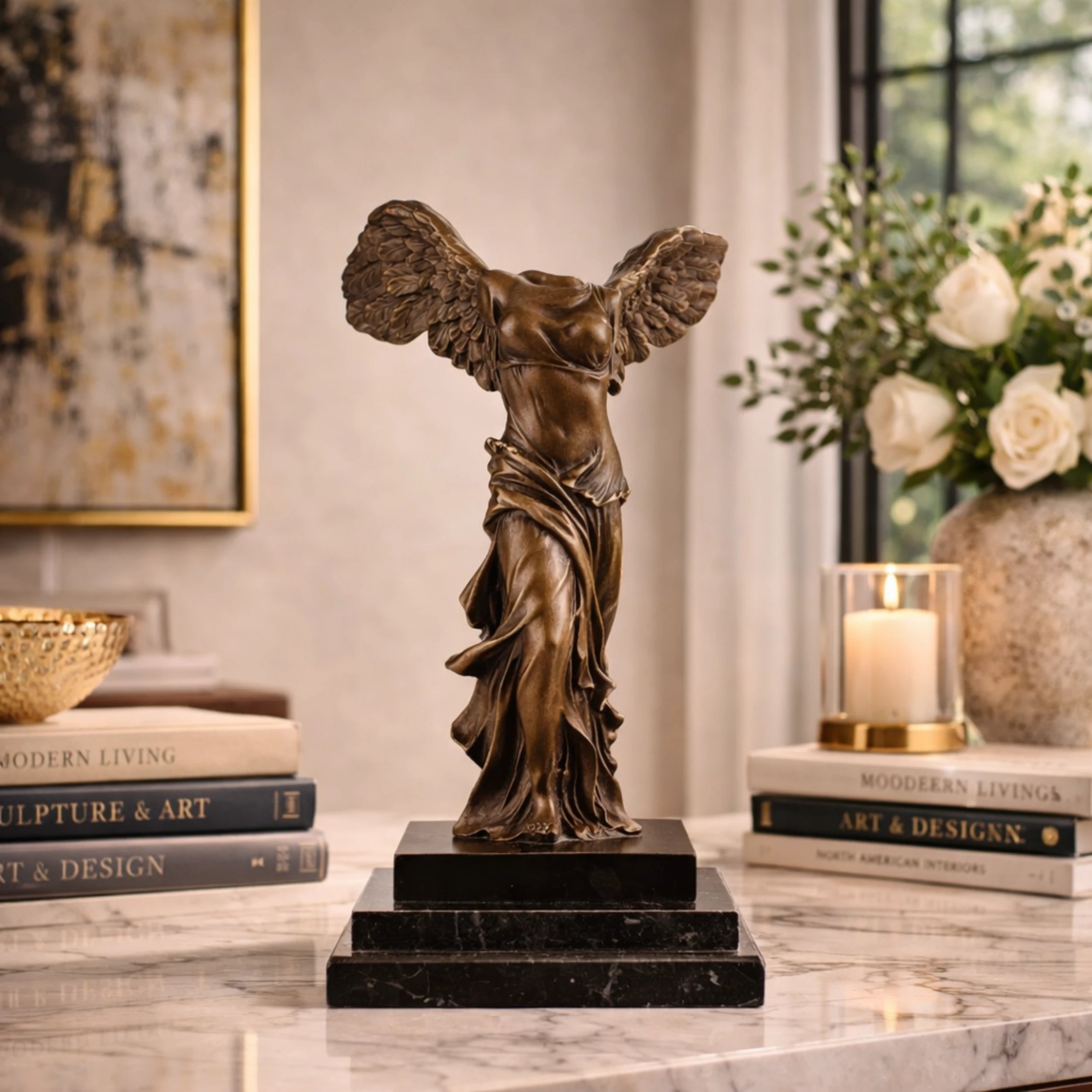 Winged Victory of Samothrace bronze statue with outstretched wings, Greek goddess Nike statue with wind-swept drapery on tiered black marble base, loss wax casting classical art.