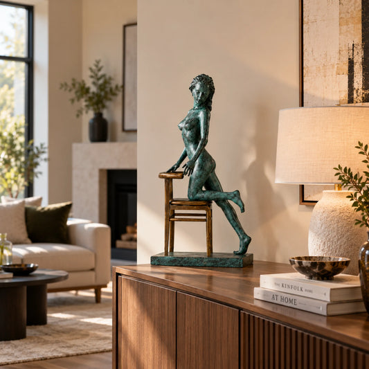 woman leaning on chair bronze sculpture displayed in a modern interior