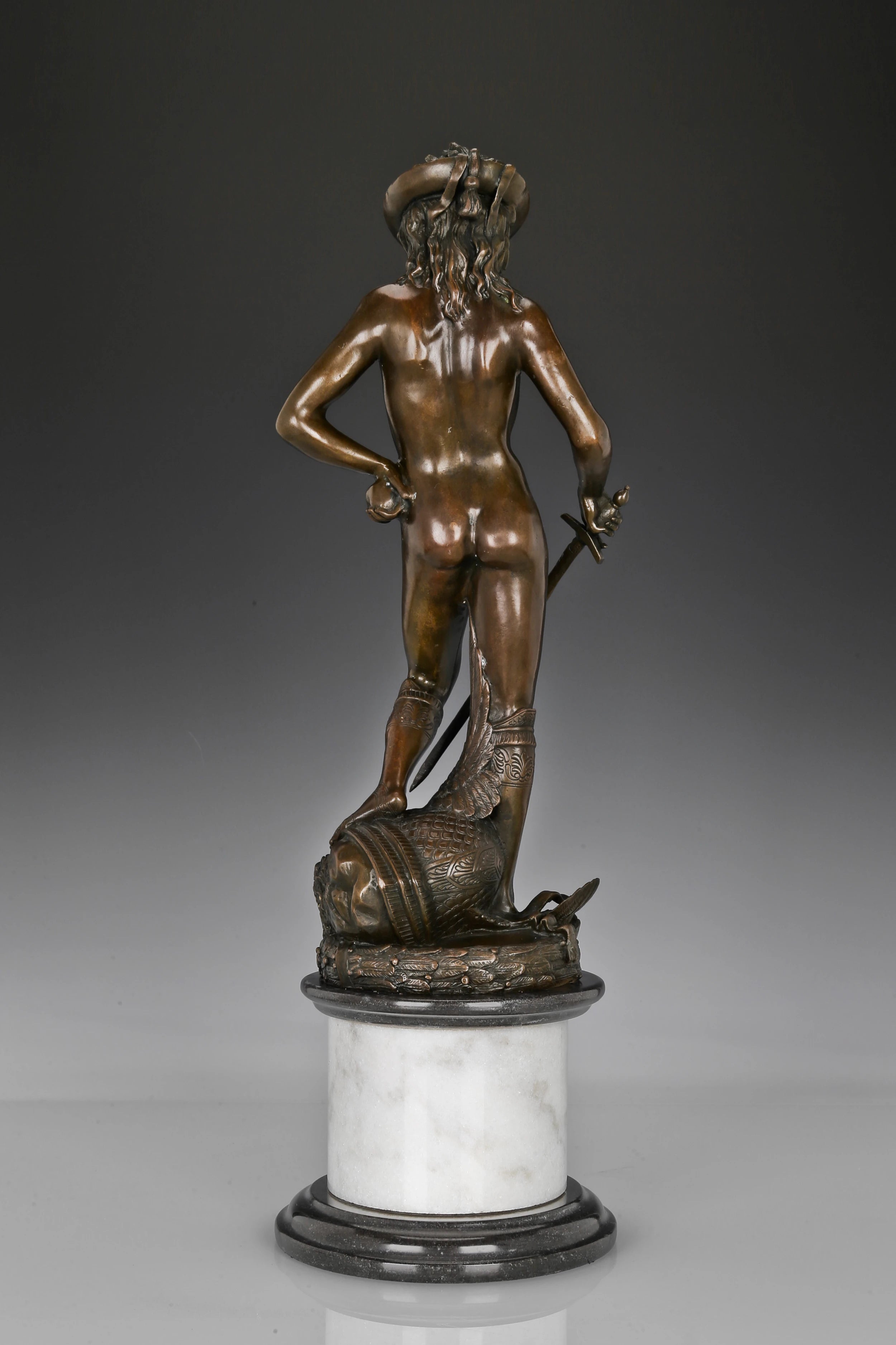 Back view of handcrafted Young David bronze sculpture