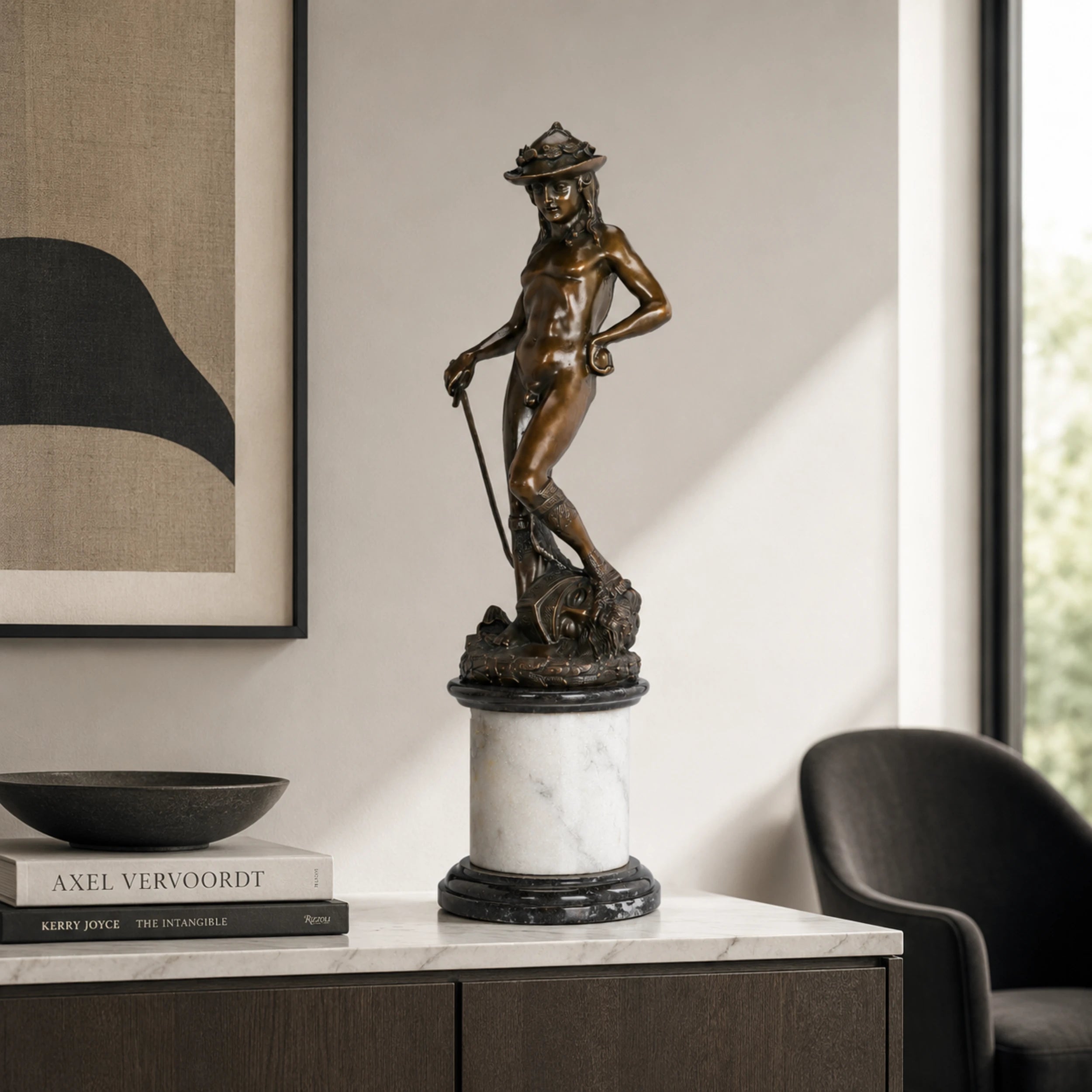 Handcrafted Young David bronze statue standing with sword on marble base