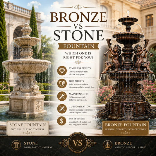 Comparing bronze fountains and stone fountains? Discover the differences in durability, maintenance, design flexibility, installation, and long-term value before choosing the right fountain for your outdoor space.