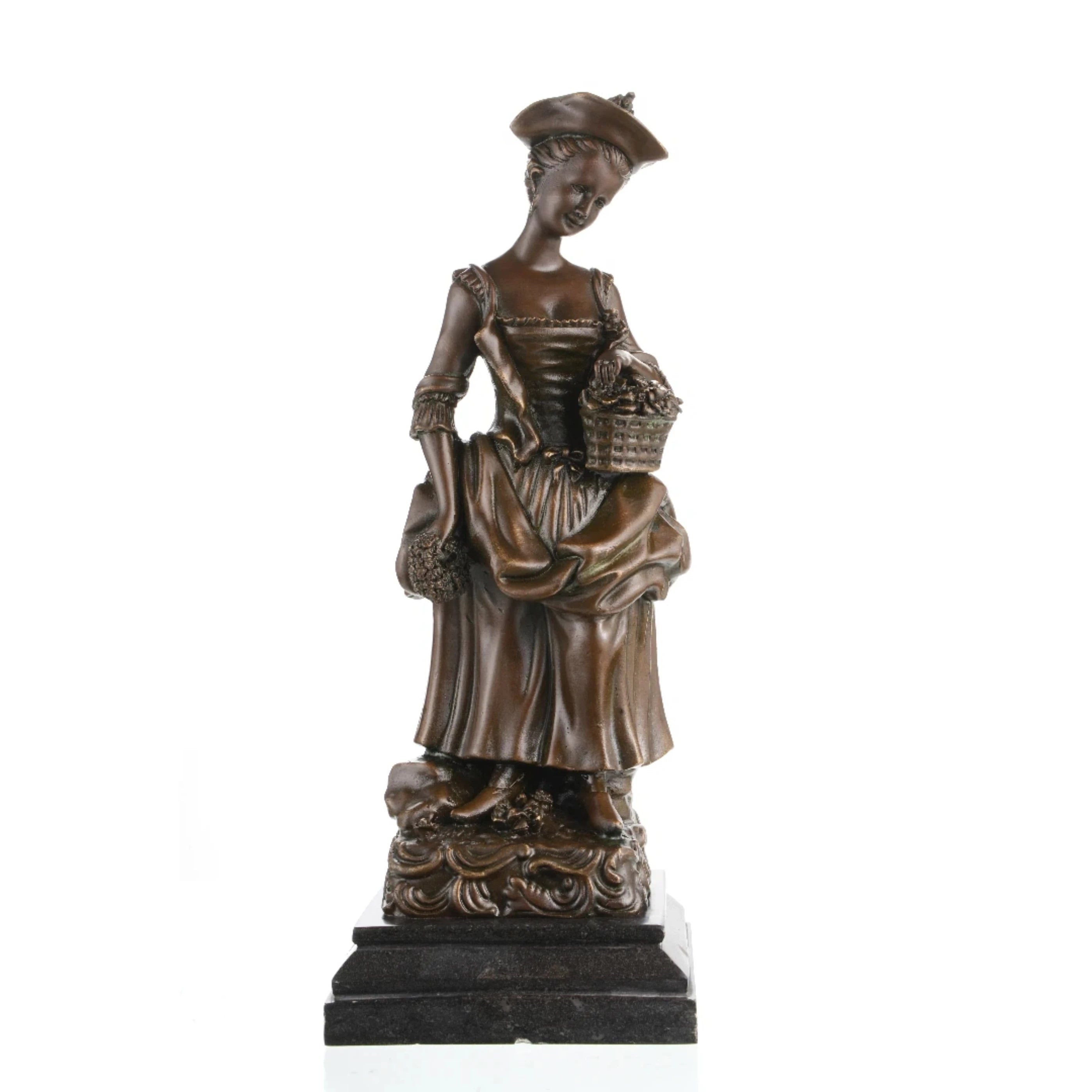 Elegant 18th century style bronze flower girl statue with tricorn hat and floral basket, Rococo maiden sculpture on stepped black marble base, loss wax casting fine art.