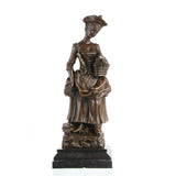 Elegant 18th century style bronze flower girl statue with tricorn hat and floral basket, Rococo maiden sculpture on stepped black marble base, loss wax casting fine art.