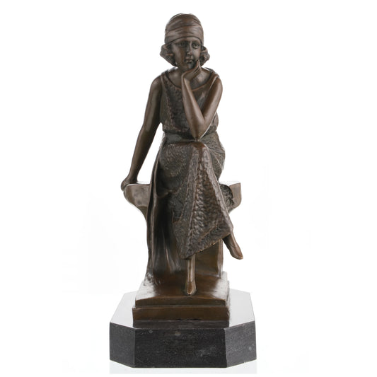 Art Deco bronze flapper girl statue, 1920s jazz age seated woman sculpture on marble base, vintage style home decor art.