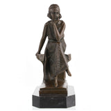 Art Deco bronze flapper girl statue, 1920s jazz age seated woman sculpture on marble base, vintage style home decor art.