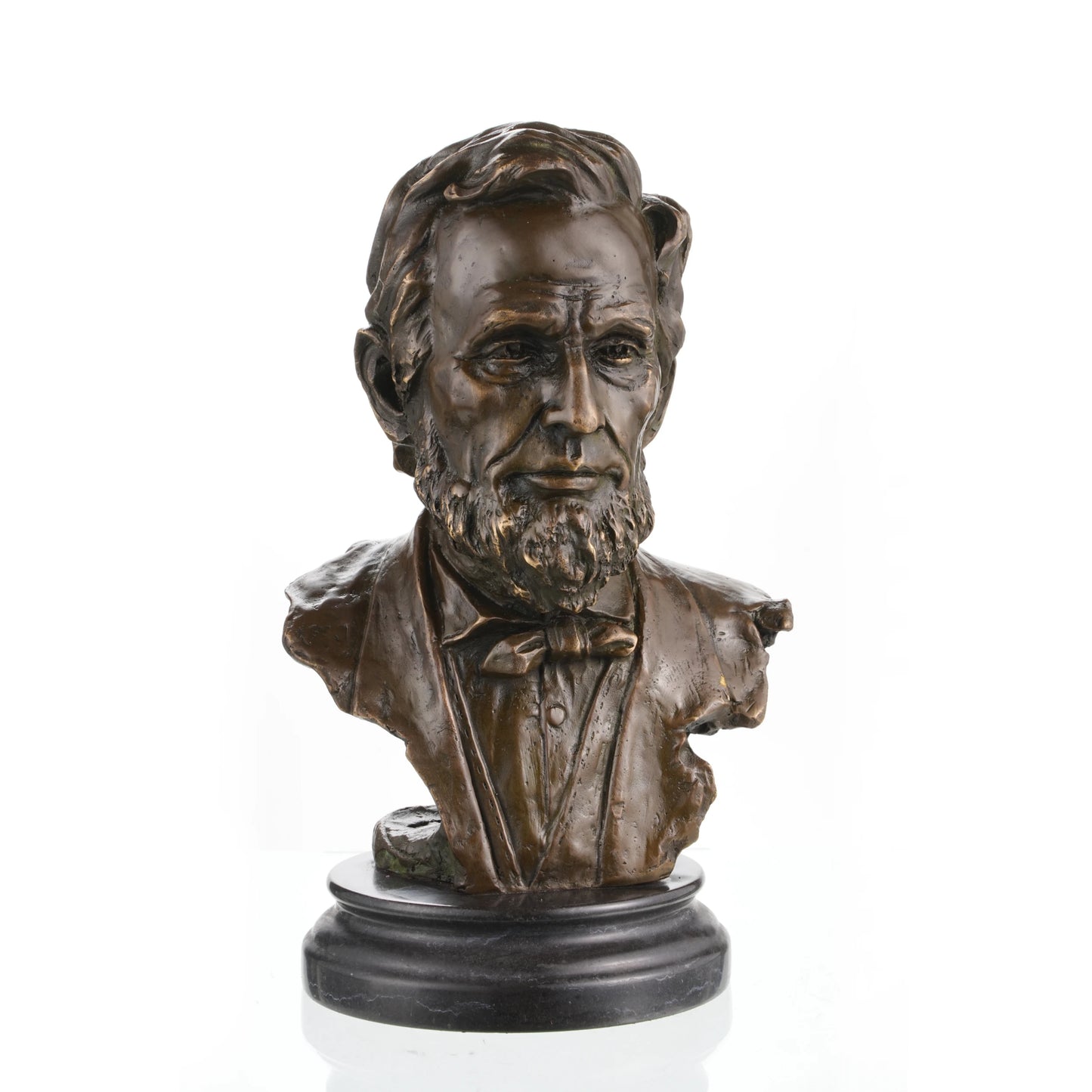 Realistic Abraham Lincoln bronze bust on black marble base, luxury executive office decor, historical American president statue.