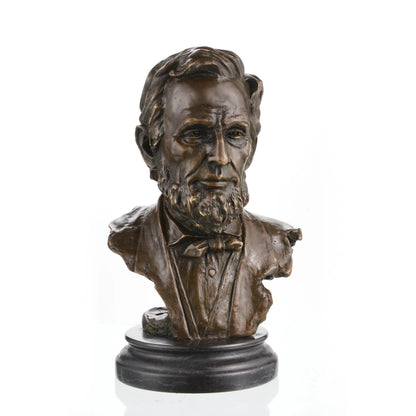 Realistic Abraham Lincoln bronze bust on black marble base, luxury executive office decor, historical American president statue.