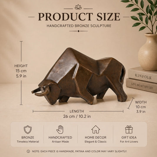 Cubist abstract bronze bull sculpture with geometric faceted planes, charging bull statue on black marble base, loss wax casting modern art.