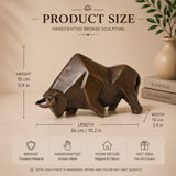 Cubist abstract bronze bull sculpture with geometric faceted planes, charging bull statue on black marble base, loss wax casting modern art.