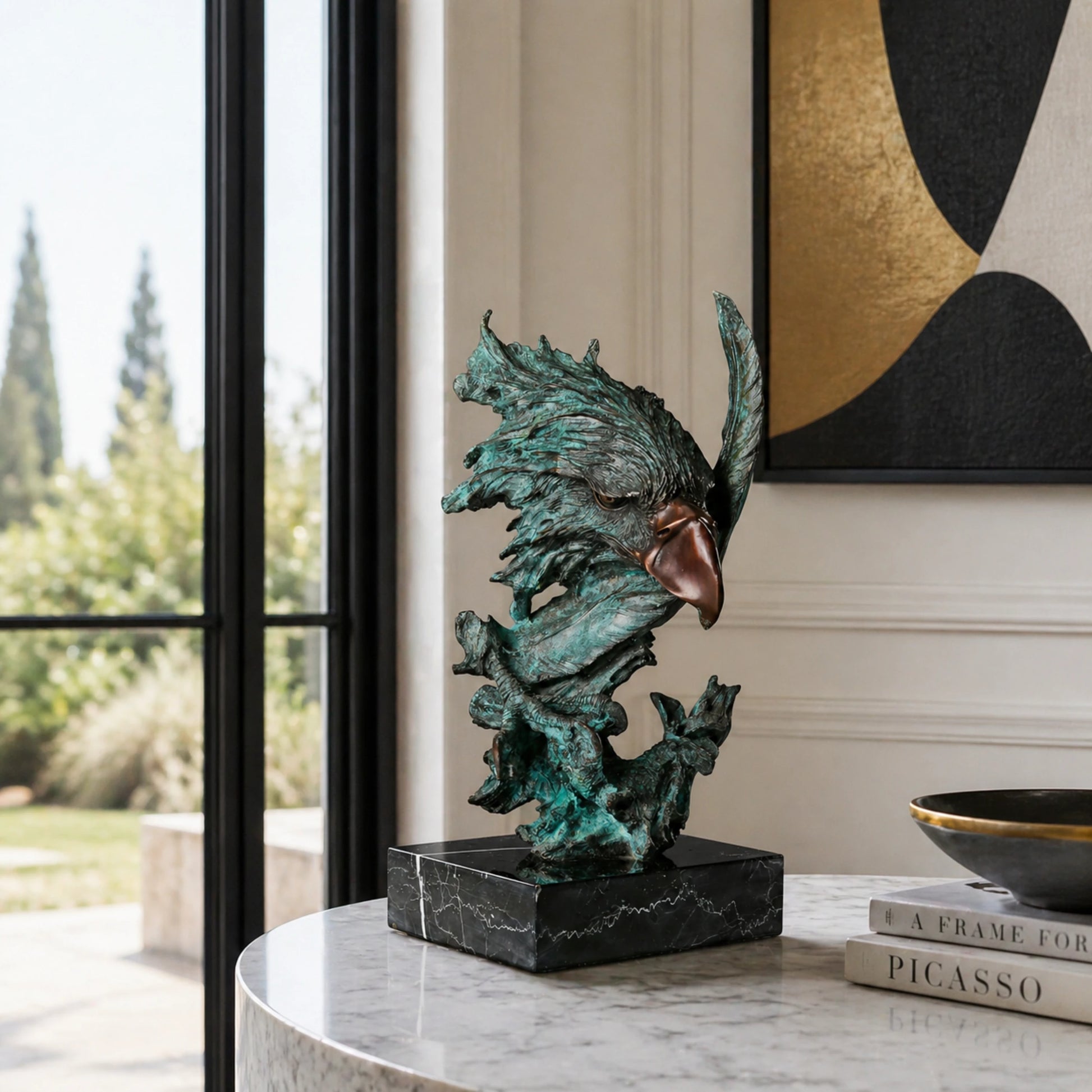 Modern abstract eagle head bronze sculpture with verdigris patina and copper beak. A bold artistic symbol of freedom and power.