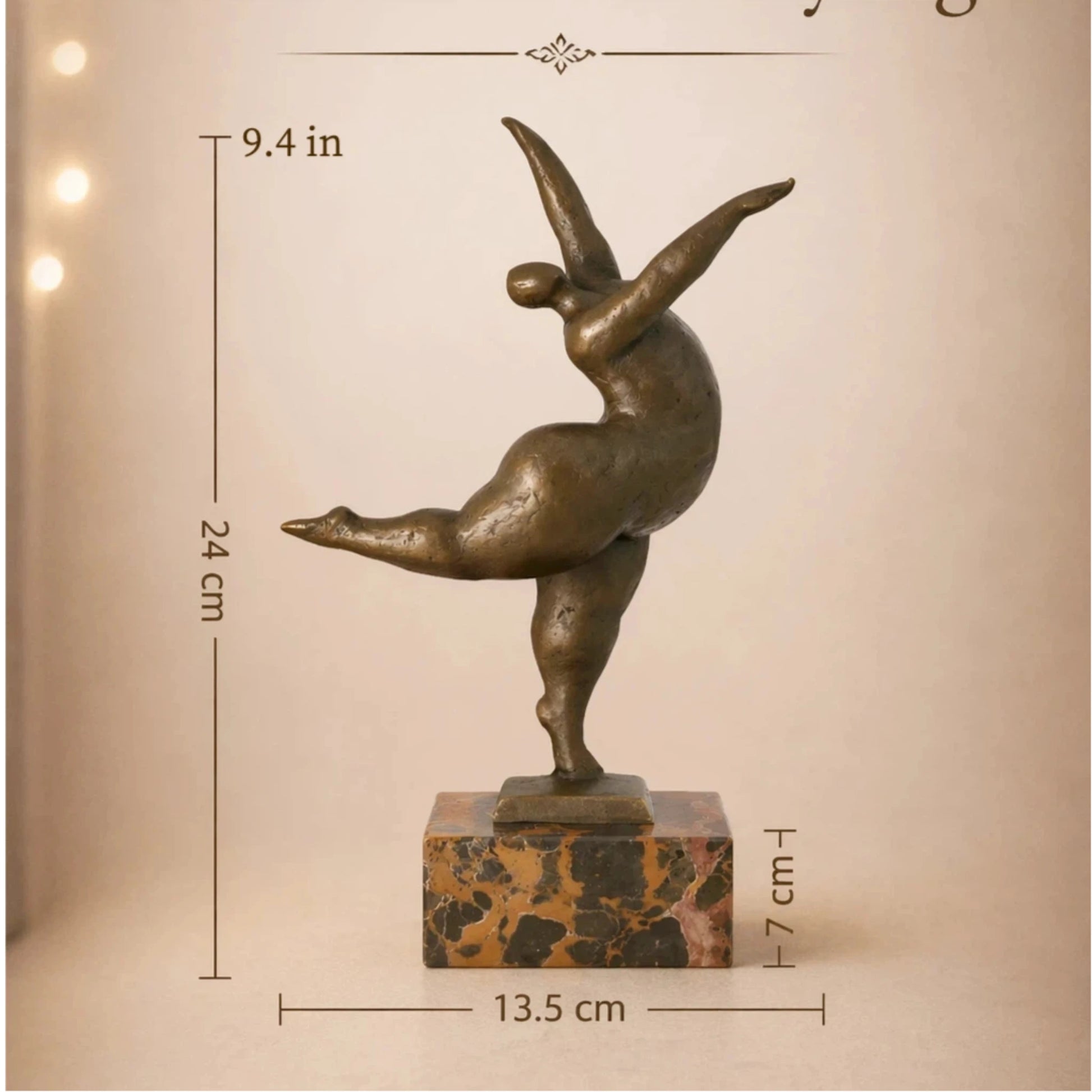 Abstract bronze female sculpture in a graceful dance pose on marble base, modern home decor accent
