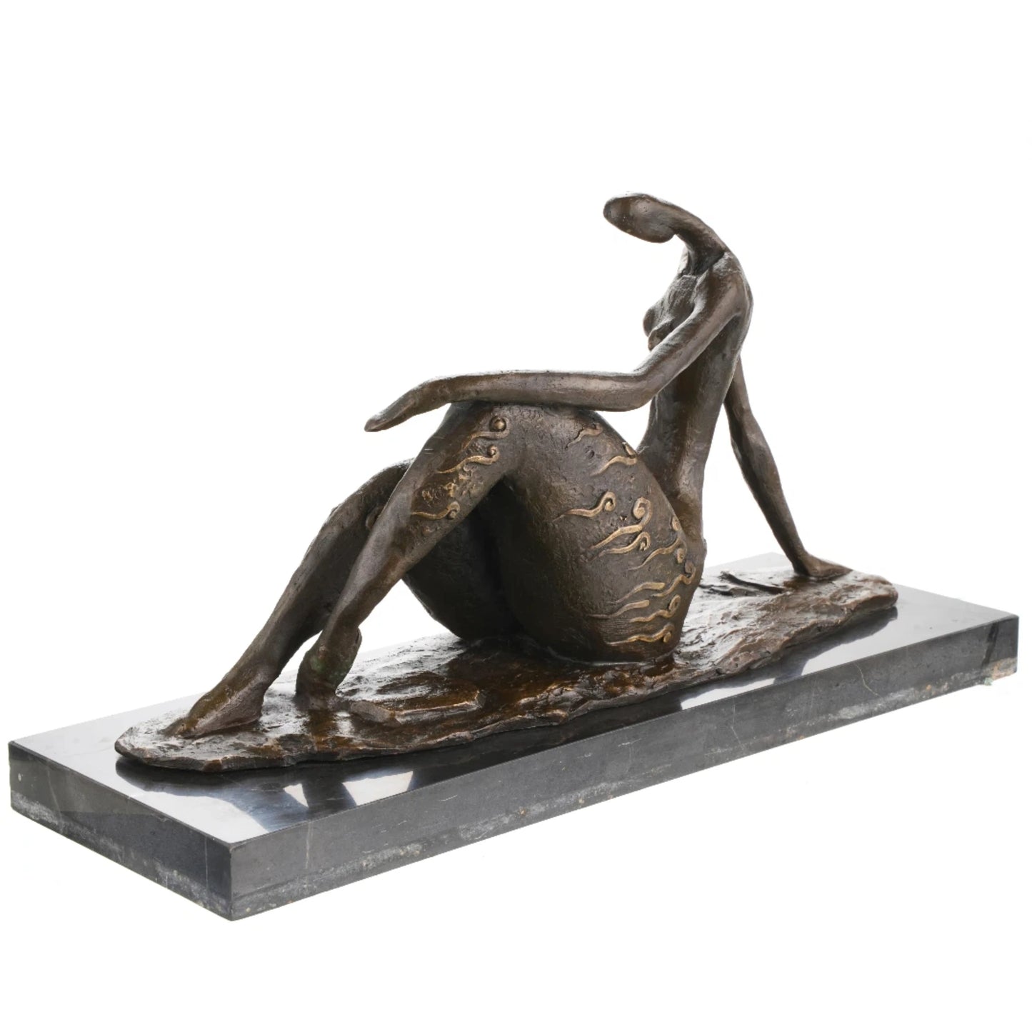 Abstract bronze sculpture of seated female figure with flowing wave motifs