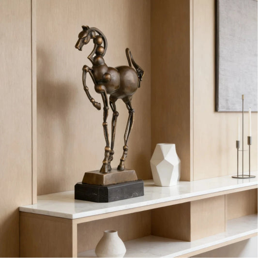 Abstract geometric bronze horse sculpture with spherical joints, modern equine statue on black marble base, 2026 Year of the Horse symbolic art.