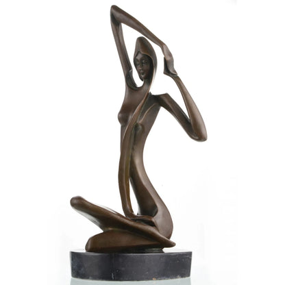 Art Deco bronze sculpture of a kneeling woman with raised arm and veil, stylized female figure on round black marble base, loss wax casting abstract art.