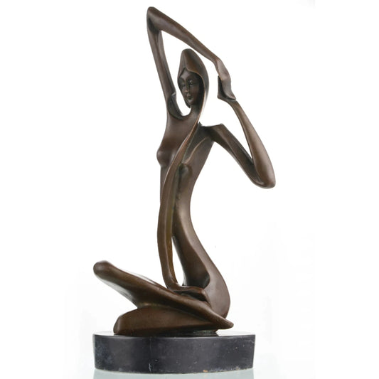 Art Deco bronze sculpture of a kneeling woman with raised arm and veil, stylized female figure on round black marble base, loss wax casting abstract art.
