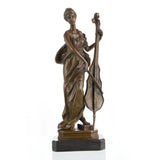 Elegant Art Nouveau bronze female cellist sculpture in flowing gown, woman playing cello statue on stepped black marble base, loss wax casting musical fine art.