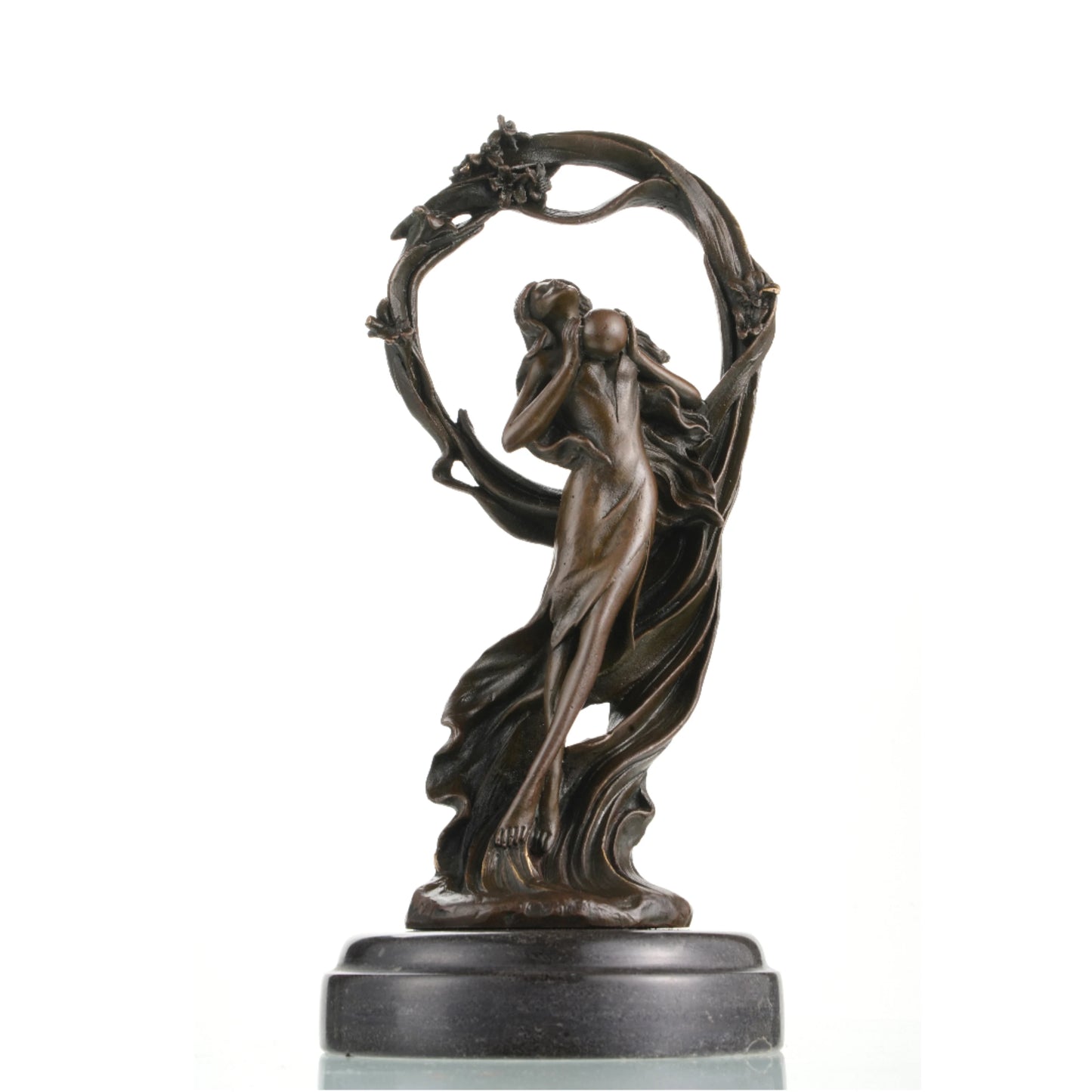 Art Nouveau bronze woman sculpture holding an orb, ethereal maiden statue with billowing gown and floral arch on black marble base, loss wax casting fine art.