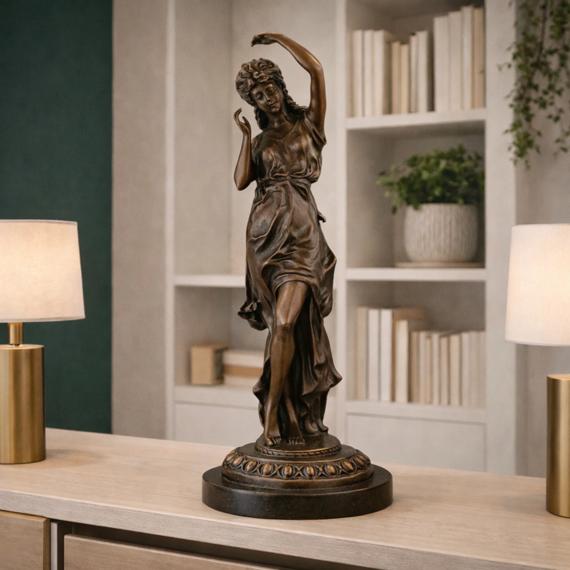 Elegant Art Nouveau bronze dancing maiden statue with flowing gown and raised arms, graceful female figure on round black marble base, loss wax casting fine art.