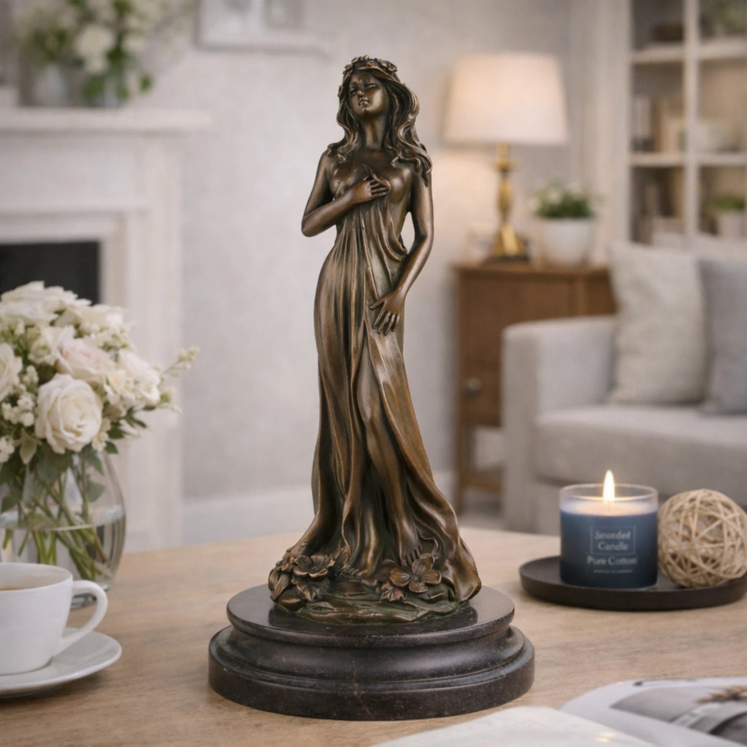 Elegant Art Nouveau bronze floral maiden statue with flowing gown and flowers, slender female figure on tiered circular dark marble base, loss wax casting fine art.