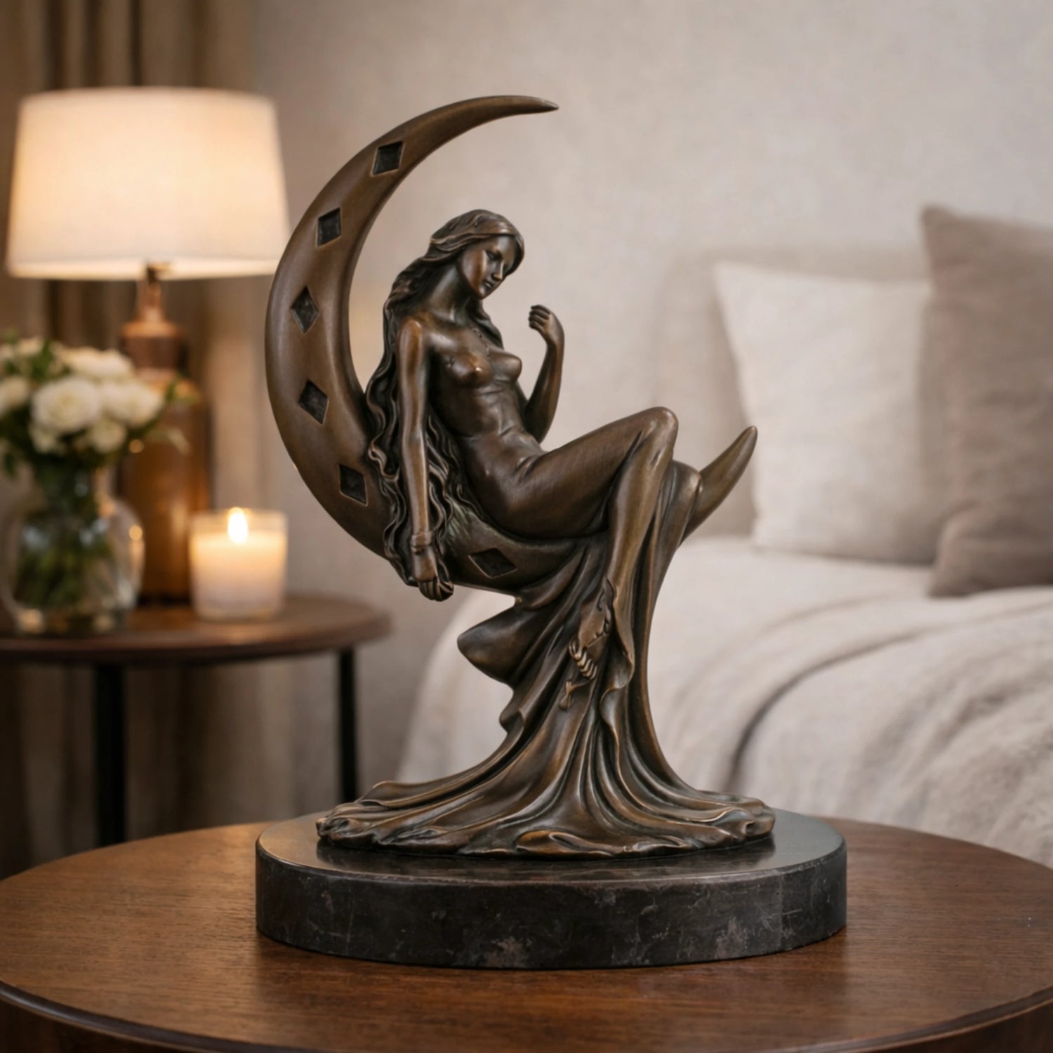 Art Nouveau moon goddess bronze sculpture seated on crescent moon, celestial maiden statue with flowing hair on black marble base, loss wax casting fantasy art.