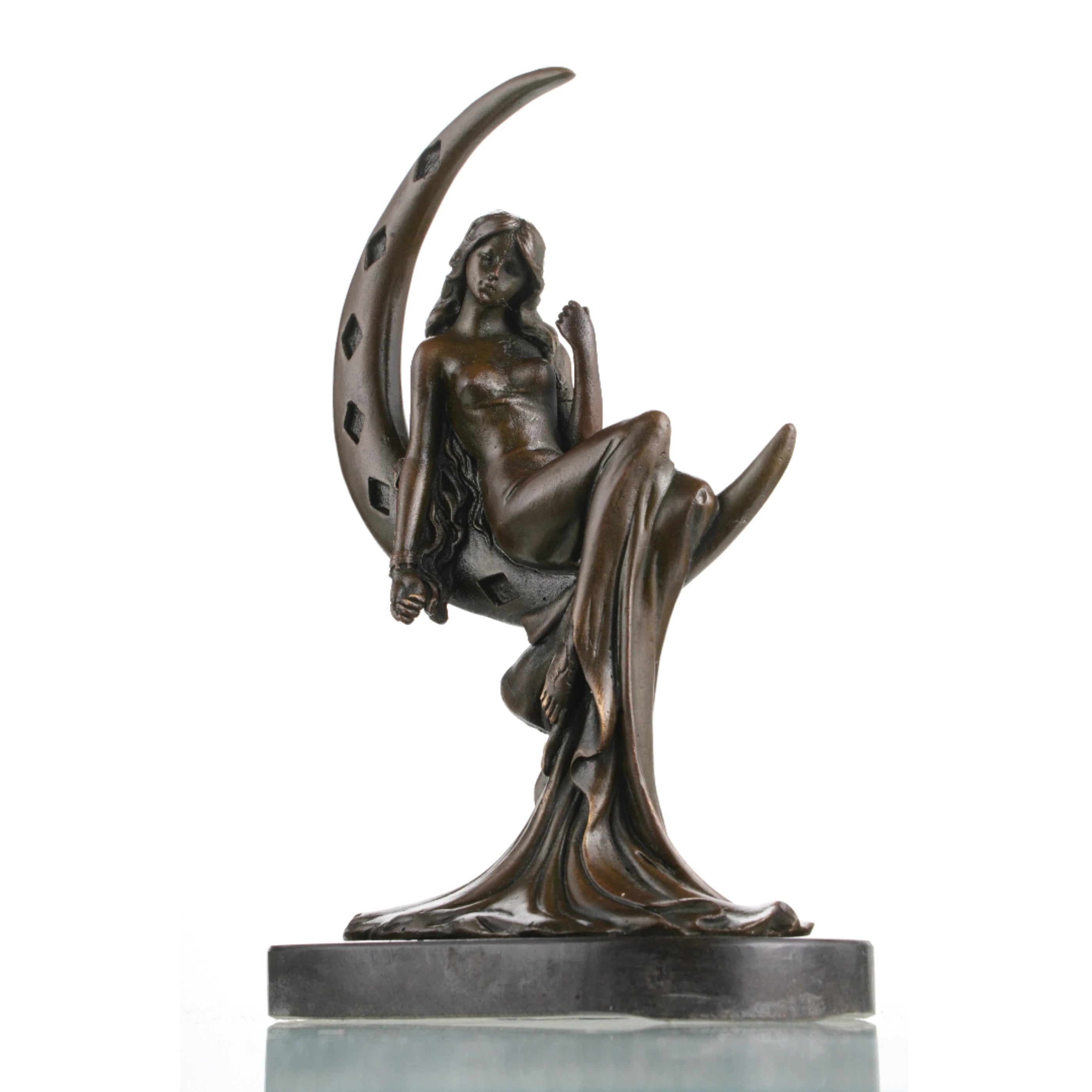 Art Nouveau moon goddess bronze sculpture seated on crescent moon, celestial maiden statue with flowing hair on black marble base, loss wax casting fantasy art.