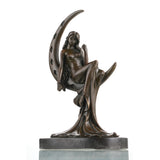 Art Nouveau moon goddess bronze sculpture seated on crescent moon, celestial maiden statue with flowing hair on black marble base, loss wax casting fantasy art.