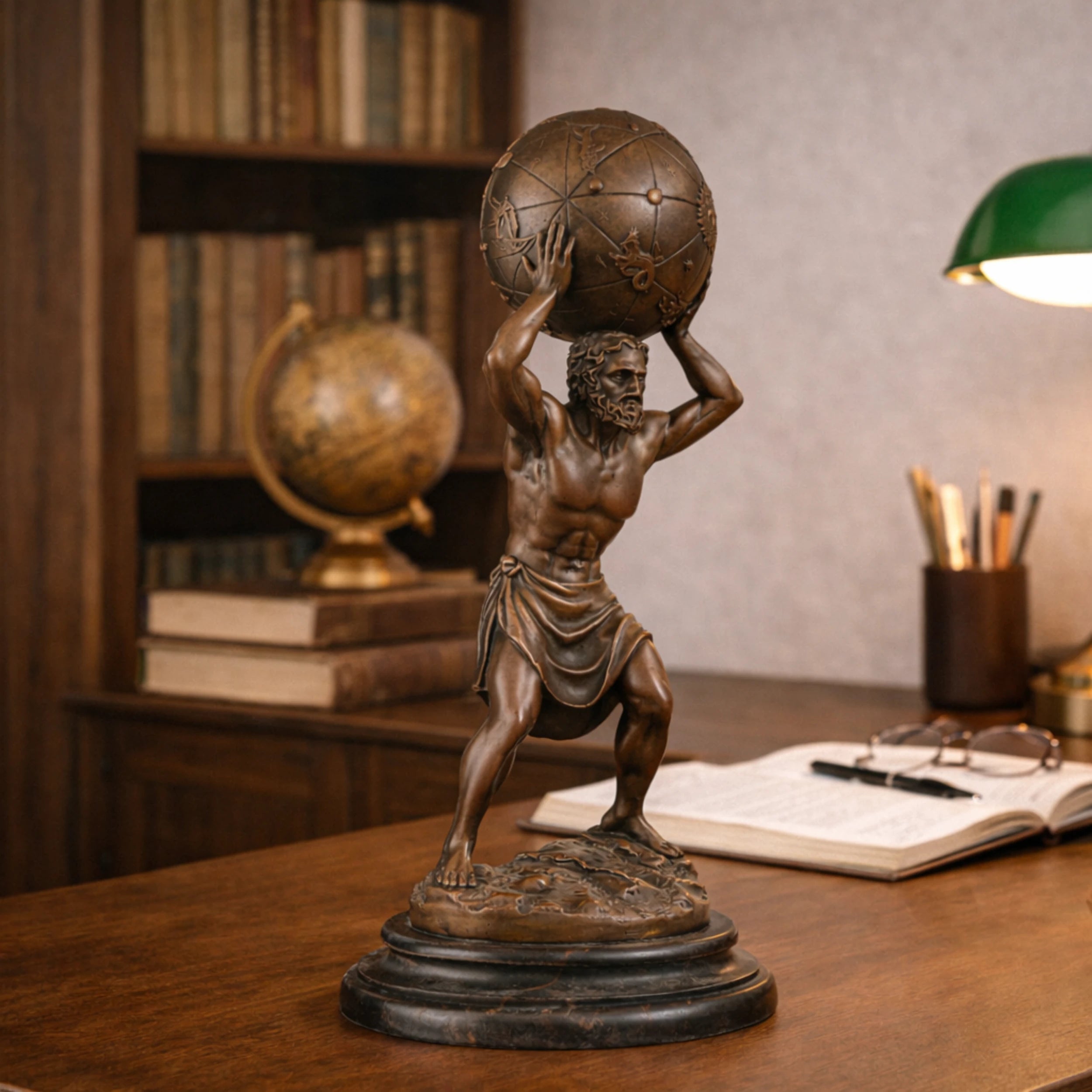 Powerful bronze Atlas sculpture holding celestial sphere with star charts, Greek Titan god statue on tiered circular dark marble base, loss wax casting mythological art.
