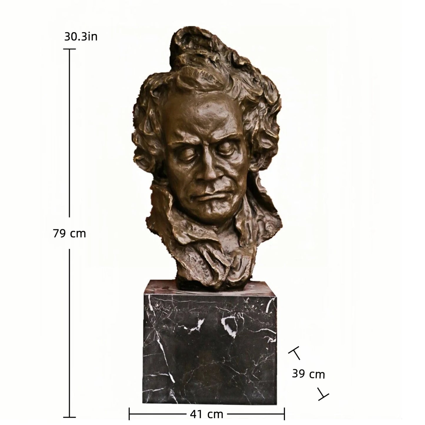 Dramatic bronze bust of Ludwig van Beethoven. Handcrafted sculpture with marble base—symbolizing strength, passion, and musical genius. Ideal for collectors and music lovers.